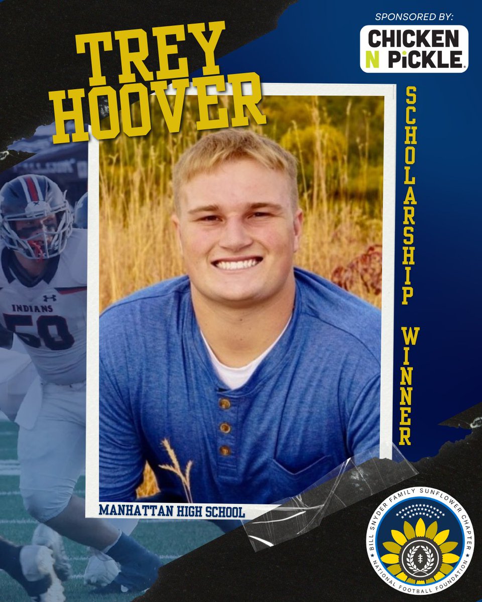 Congrats to <a href="/treyhoover_50/">Trey Hoover</a> on your selection as a <a href="/SunflowerNFF/">CoachBillSnyderFamily/SunflowerChapterNFF</a> scholar-athlete. Trey will be honored at a May 7 banquet in Manhattan. Thanks to <a href="/ChickenNPickle/">Chicken N Pickle®</a> for its sponsorship. <a href="/MHSusd383/">Manhattan High School USD 383</a> <a href="/Tribe_Football/">Manhattan Football</a>