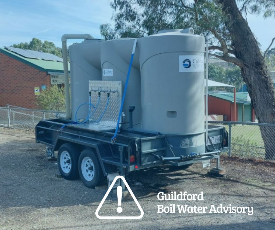 The Boil Water Advisory in Guildford remains in place today. 

You are reminded to boil their water before drinking and for food preparation until further notice. 

Further information and for details about alternative drinking water supplies visit coliban.com.au/interruptions