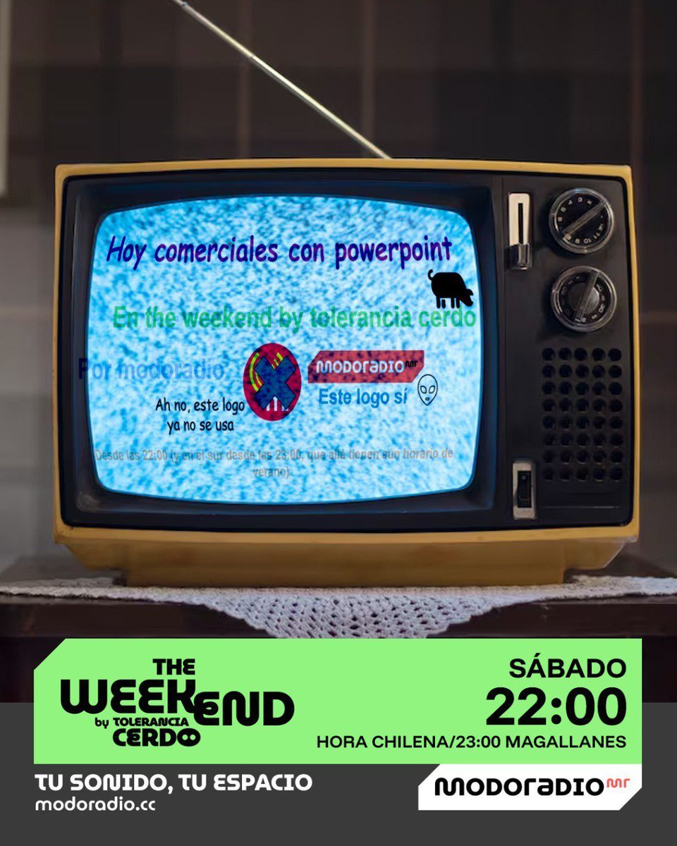 Modoradio (@modoradiomr) on Twitter photo En unos minutos partimos con toda la diversión y el cringe regional de los avisos publicitarios de la TV local, sólo en The Weekend by <a href="/ToleranciaCerdo/">🐖ToleranciaCerdo MR 🐷</a>, por nuestro canal de Youtube En unos minutos partimos con toda la diversión y el cringe regional de los avisos publicitarios de la TV local, sólo en The Weekend by <a href="/ToleranciaCerdo/">🐖ToleranciaCerdo MR 🐷</a>, por nuestro canal de Youtube