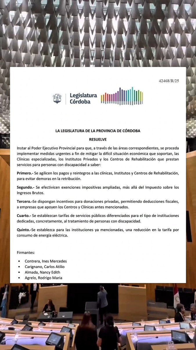 ‼️ Con el Proyecto de Resolución N ° 42468/R/25, solicitamos que el gobierno de Córdoba implemente medidas urgentes, para mitigar la difícil situación económica que soportan las Clínicas especializadas, los Institutos Privados y Centros de Rehabilitación, que afecta, mediante
