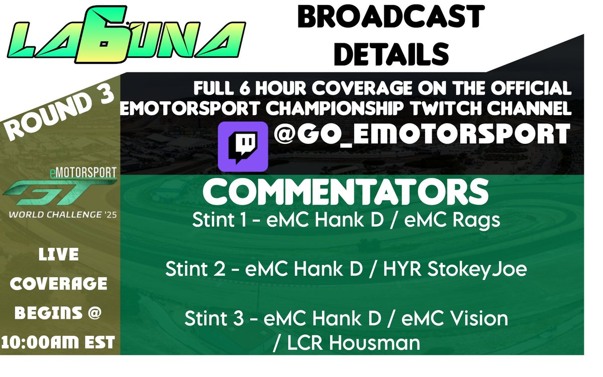 Full broadcast details for tomorrow's 6 Hours Of Laguna Seca! <a href="/HankDankle/">Dustin Alan</a> will be covering all 3 stints. <a href="/Kony_Rags/">eMC Rags</a> will guest commentate stint 1, with the legend <a href="/stokeyjoe4/">stokeyjoe</a> coming in as a guest for stint 2! Stint 3 will round out with <a href="/MisledVision/">eMC Vision</a> and <a href="/Housman212e/">BenJamin Housman</a>.