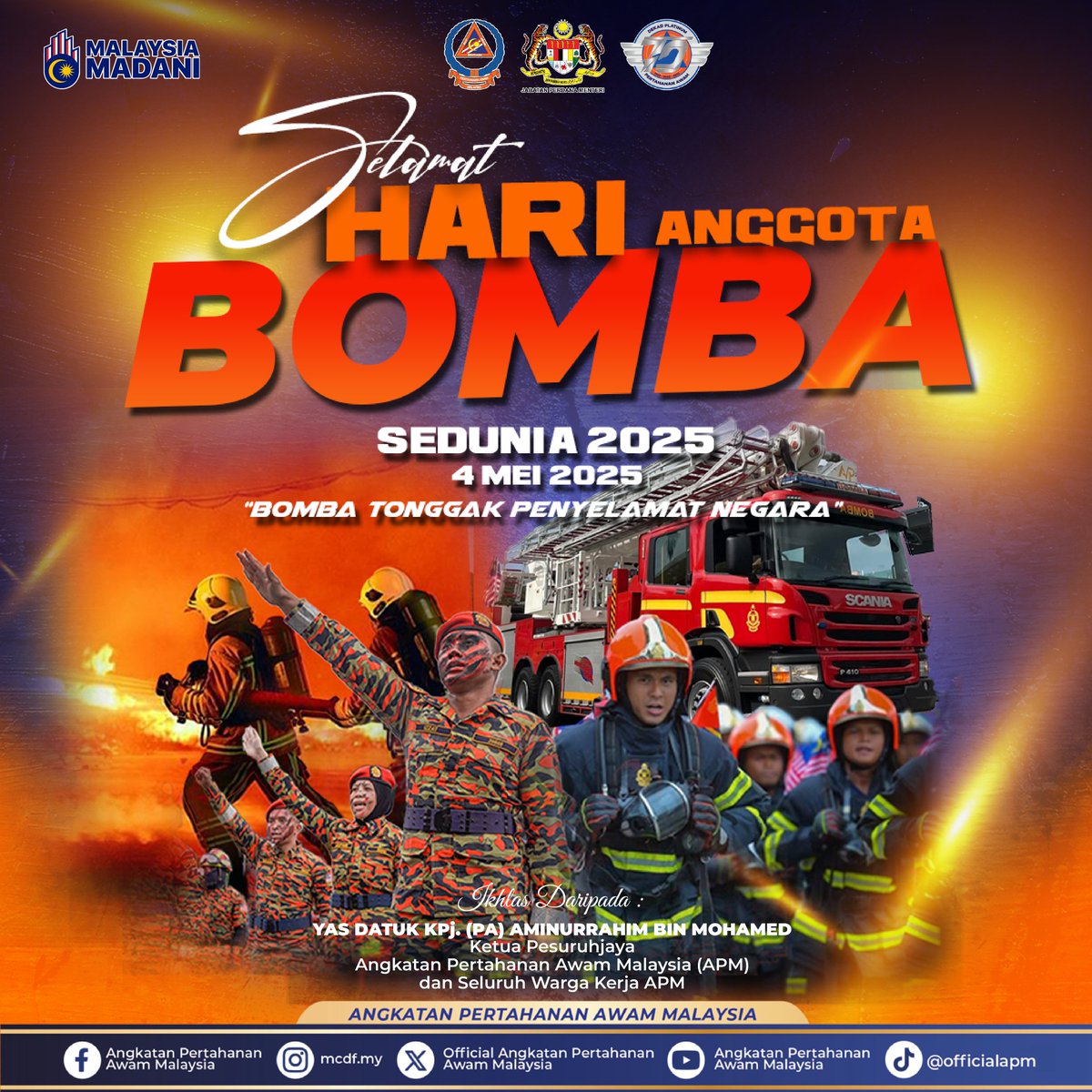 #KEPIMPINAN 

Seluruh warga kerja APM ingin mengucapkan Selamat Menyambut Hari Anggota Bomba Sedunia 2025 kepada semua Anggota Bomba Malaysia

Bersama kita berkhidmat demi kesejahteraan komuniti.

"BOMBA TONGGAK PENYELAMAT NEGARA"

<a href="/jpmgov_/">Jabatan Perdana Menteri</a> <a href="/JBPM_official/">Jabatan Bomba dan Penyelamat Malaysia</a>