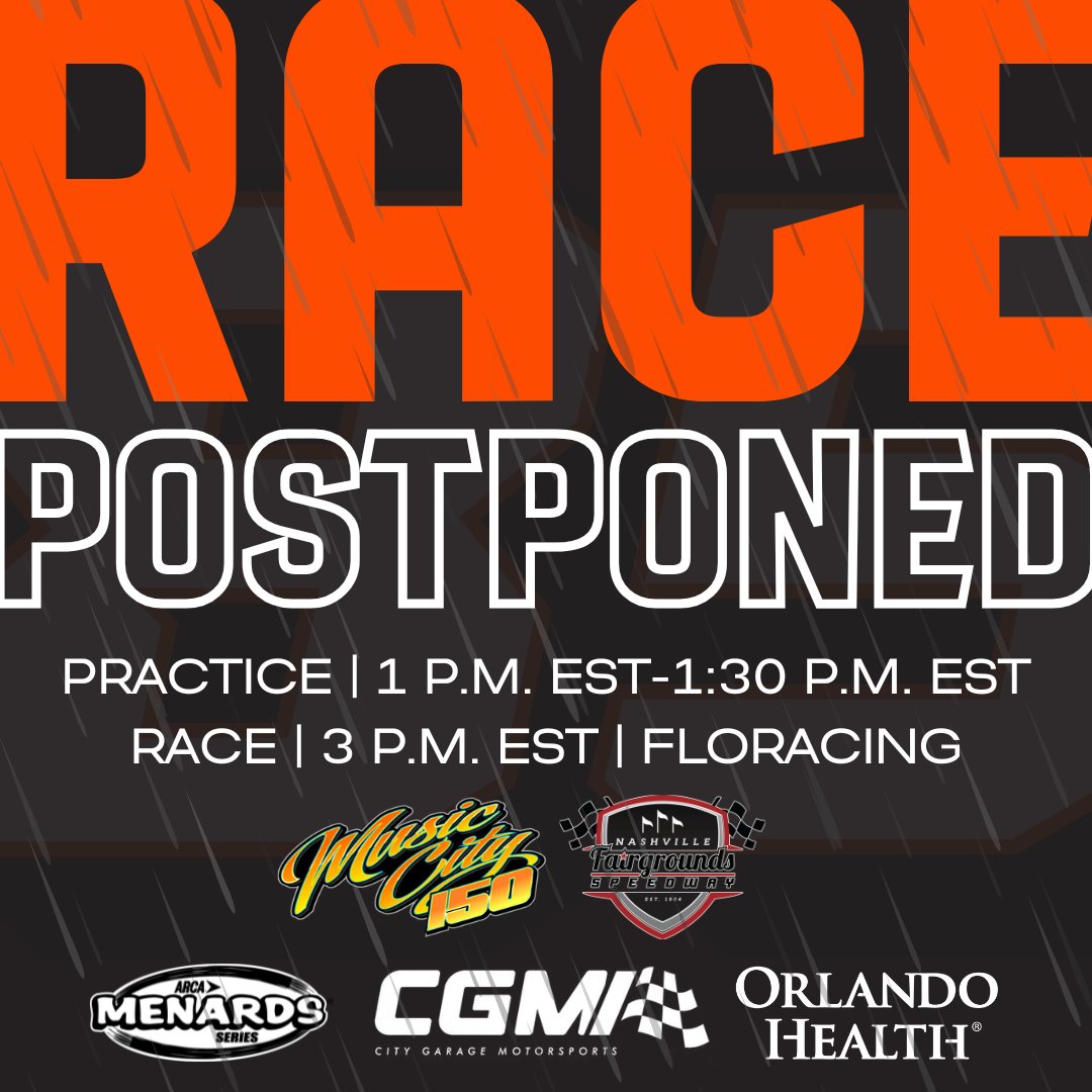 City Garage Motorsports (@cgmotorsportsfl) on Twitter photo Unfortunately, tonight's <a href="/ARCA_Racing/">ARCA Menards Series</a> Music City 150 from <a href="/RaceFairgrounds/">Nashville Fairgrounds Speedway</a> has been postponed due to inclement weather.
The race will now take place tomorrow, May 4th, at 3 p.m. EST/2 p.m. CST, live on <a href="/FloRacing/">FloRacing</a>. A 30-minute ARCA practice will begin at 1 p.m. EST/Noon CST. Unfortunately, tonight's <a href="/ARCA_Racing/">ARCA Menards Series</a> Music City 150 from <a href="/RaceFairgrounds/">Nashville Fairgrounds Speedway</a> has been postponed due to inclement weather.
The race will now take place tomorrow, May 4th, at 3 p.m. EST/2 p.m. CST, live on <a href="/FloRacing/">FloRacing</a>. A 30-minute ARCA practice will begin at 1 p.m. EST/Noon CST.