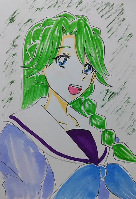 #ゴープリ10周年なので海藤みなみさん3733枚描いてお祝い(436,437)#みどりの日 なので髪の毛は緑色に塗る。 