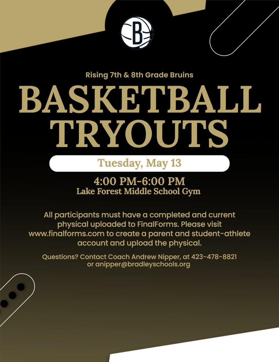 Here is information for any rising 7th or 8th grade student-athlete interested in trying out for the 2025-2026 Bruins Basketball team! Mark your calendars and Go Bruins! #ChampionCulture