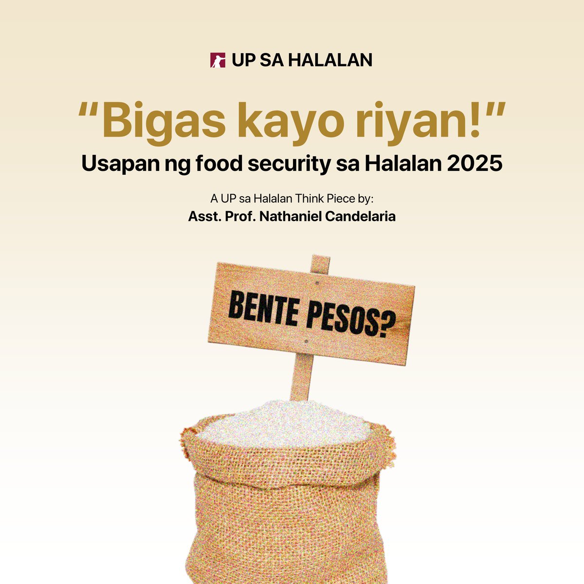 Bente pesos na bigas, reality na ba? 🍚 

Sa pananaw ng mga tao, hindi sapat ang aksyong ginagawa ng administrasyong Marcos Jr. hinggil sa pagkontrol ng pagtaas ng presyo ng mga bilihin, lalo na sa presyo ng pagkain.  

Basahin: halalan.up.edu.ph/bigas-kayo-riy…

#Halalan2025