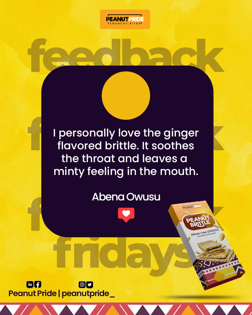 🌟 Feedback Friday!
Abena says our ginger brittle is a soothing delight with a minty finish! 🍬
Try it and tell us what you think!
#PeanutPride #CrunchyBites #CustomerLove