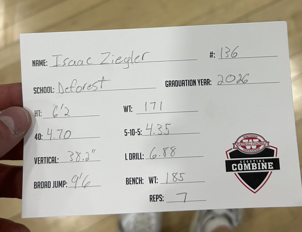 isaaczieglerqb's tweet photo. Had a fantastic day out at the WIFCA combine!
Also received my 2nd OFFER from @UWOFootball 
@PeteyBananas 
@travisWSN 
@MJ_NFLDraft 
Here are the results.
38.2 inch vert
4.70 40
6.88 L drill
4.35 Pro agillity https://t.co/ujLA6Bo6b4