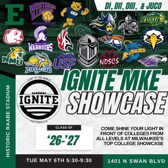 Eli Ogi 2027 (@eli_ogi) on Twitter photo Looking forward to competing this Tuesday!
<a href="/EMUFB/">Eastern Michigan Football</a> <a href="/GoJacksSDSU/">South Dakota State Jackrabbits</a> <a href="/NDSUfootball/">NDSU Football</a>
Ready to show case my skills In front of these great programs!
<a href="/MJ_NFLDraft/">Mark Johnson</a> <a href="/More2SayPod/">More to Say</a> <a href="/OJW_Scouting/">PrepRedzone Oliver</a> <a href="/B19Kamrath/">Benji Kamrath</a> <a href="/NxtLevelAtx/">Next Level Athletix</a> <a href="/QBCoachHolc/">Greg Holcomb</a>
Head Coach Jeff Rondorf
(262) 388-0809
Hudl: Looking forward to competing this Tuesday!
<a href="/EMUFB/">Eastern Michigan Football</a> <a href="/GoJacksSDSU/">South Dakota State Jackrabbits</a> <a href="/NDSUfootball/">NDSU Football</a>
Ready to show case my skills In front of these great programs!
<a href="/MJ_NFLDraft/">Mark Johnson</a> <a href="/More2SayPod/">More to Say</a> <a href="/OJW_Scouting/">PrepRedzone Oliver</a> <a href="/B19Kamrath/">Benji Kamrath</a> <a href="/NxtLevelAtx/">Next Level Athletix</a> <a href="/QBCoachHolc/">Greg Holcomb</a>
Head Coach Jeff Rondorf
(262) 388-0809
Hudl: