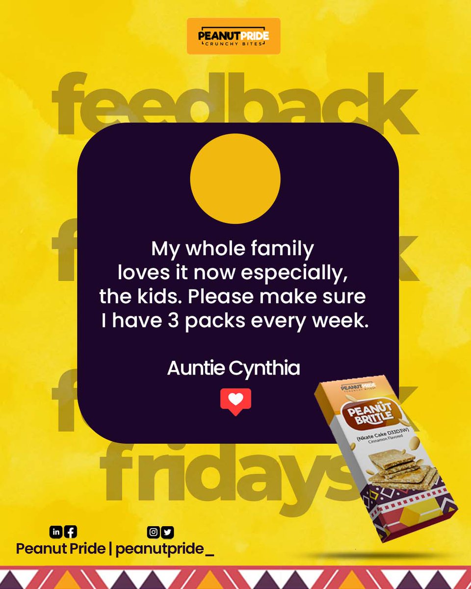 🍪 Feedback Friday!

Auntie Cynthia says her whole family’s hooked — especially the kids! 🧡

3 packs a week, please!

#PeanutPride #FamilyFavourite #CrunchyBites