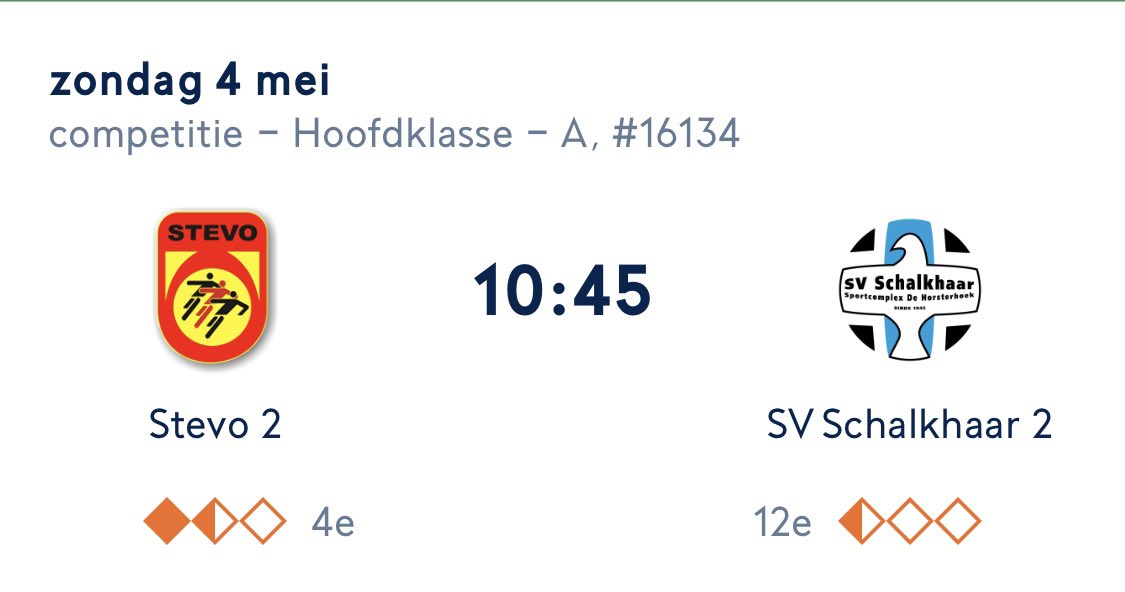 ❤️💛MATCHDAY💛❤️
⚽️ <a href="/RKVVSTEVO/">STEVO</a> 2 - <a href="/SVSchalkhaar2/">SV Schalkhaar 2</a> 
⏱️ 10:45 uur 
🏟 Sportpark De Peuverweide
📍 Achter de dann’ - Geesteren