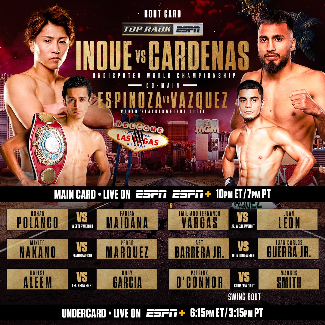 𝐖𝐄𝐋𝐂𝐎𝐌𝐄 𝐓𝐎 𝐀 𝐌𝐎𝐍𝐒𝐓𝐄𝐑 𝐅𝐈𝐆𝐇𝐓 𝐃𝐀𝐘 👑

#InoueCardenas goes down tonight at 10PM ET on @ESPN!