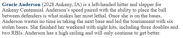 GracieAnderson2028 (@gracieander2028) on Twitter photo Thank you so much <a href="/PG_Softball/">Perfect Game Softball</a> for the nice write up from last weekend IA State 16u tournament. Thank you so much <a href="/PG_Softball/">Perfect Game Softball</a> for the nice write up from last weekend IA State 16u tournament.