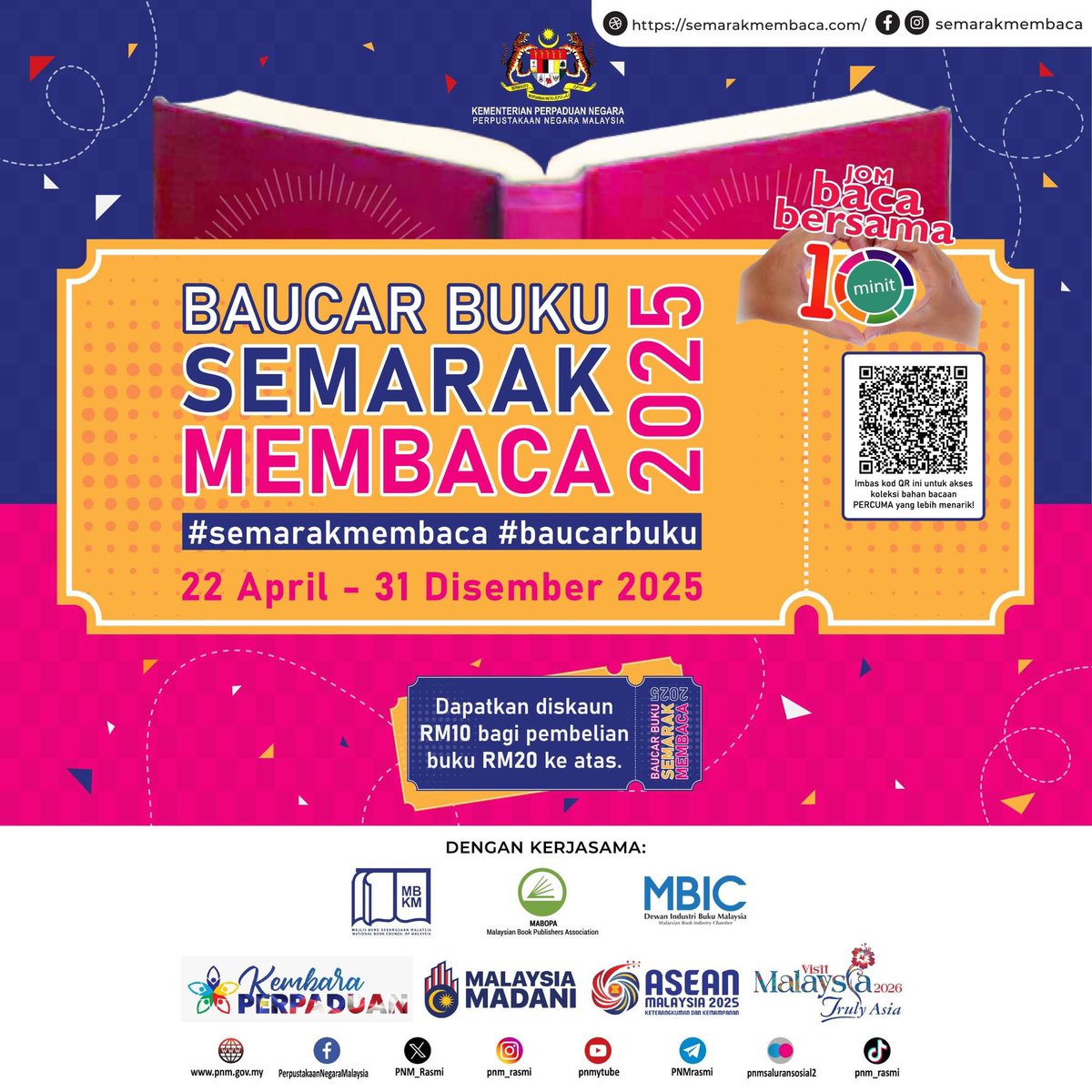 Program Penebusan Baucar Buku Semarak Membaca dilaksanakan bermula 22 April 2025 sehingga 31 Disember 2025 bagi menggalakkan pembelian buku tempatan dan terbitan dalam negara.

Nikmati diskaun RM10 dengan setiap pembelian dengan nilai minimum RM20 dalam satu resit. 

Ini masa