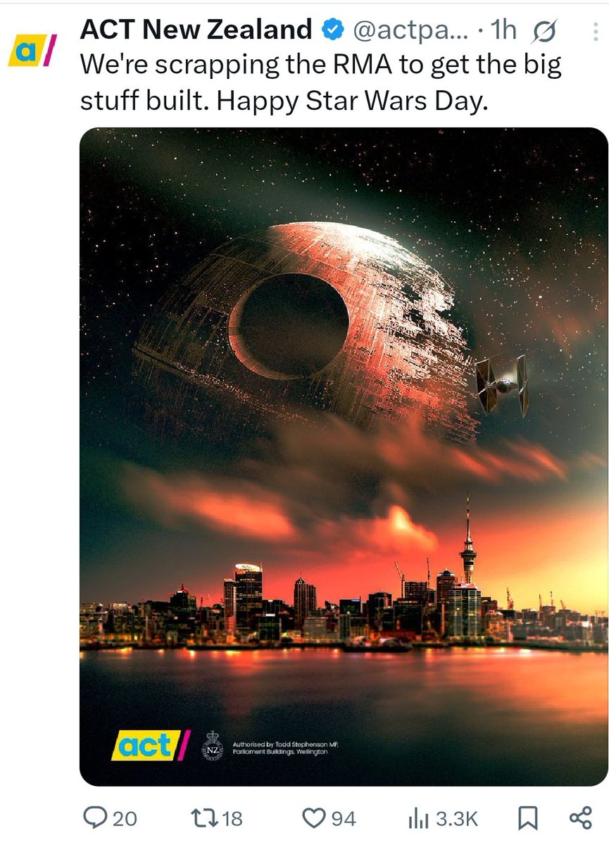 Dor HaMidbar (@dorhamidbar) on Twitter photo #nzpol self-own of the year:
ACT boasts of support for totalitarian government death-star.
Er, which Star Wars side were the goodies again, <a href="/actparty/">ACT New Zealand</a>? #nzpol self-own of the year:
ACT boasts of support for totalitarian government death-star.
Er, which Star Wars side were the goodies again, <a href="/actparty/">ACT New Zealand</a>?