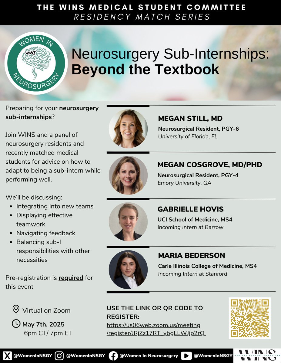 Reminder to join us May 7th for a panel including neurosurgery residents and recently matched medical students to hear advice on how to excel in your #neurosurgery sub-I rotations. 🧠 #match2026