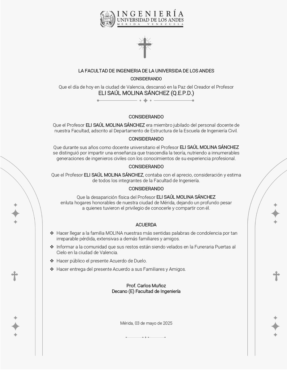 Nos unimos al duelo de familiares y amigos por el fallecimiento del Prof. Eli Saúl Molina Sánchez, profesor jubilado de la Escuela de Ingeniería Civil de nuestra Facultad.

Elevamos una oración por el descanso de su alma. 🙏🏻