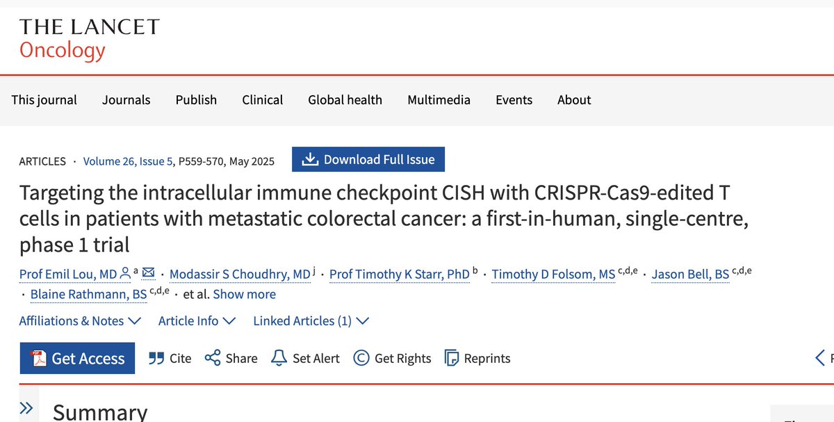ilyassahinMD's tweet image. In a first-in-human trial, 12 metastatic colorectal cancer patients (with prior progression on treatment) received CISH-knockout CRISPR T cells. Six had stable disease, one had a lasting complete remission, and no severe CRS or neurotoxicity occurred. 
@TheLancetOncol *