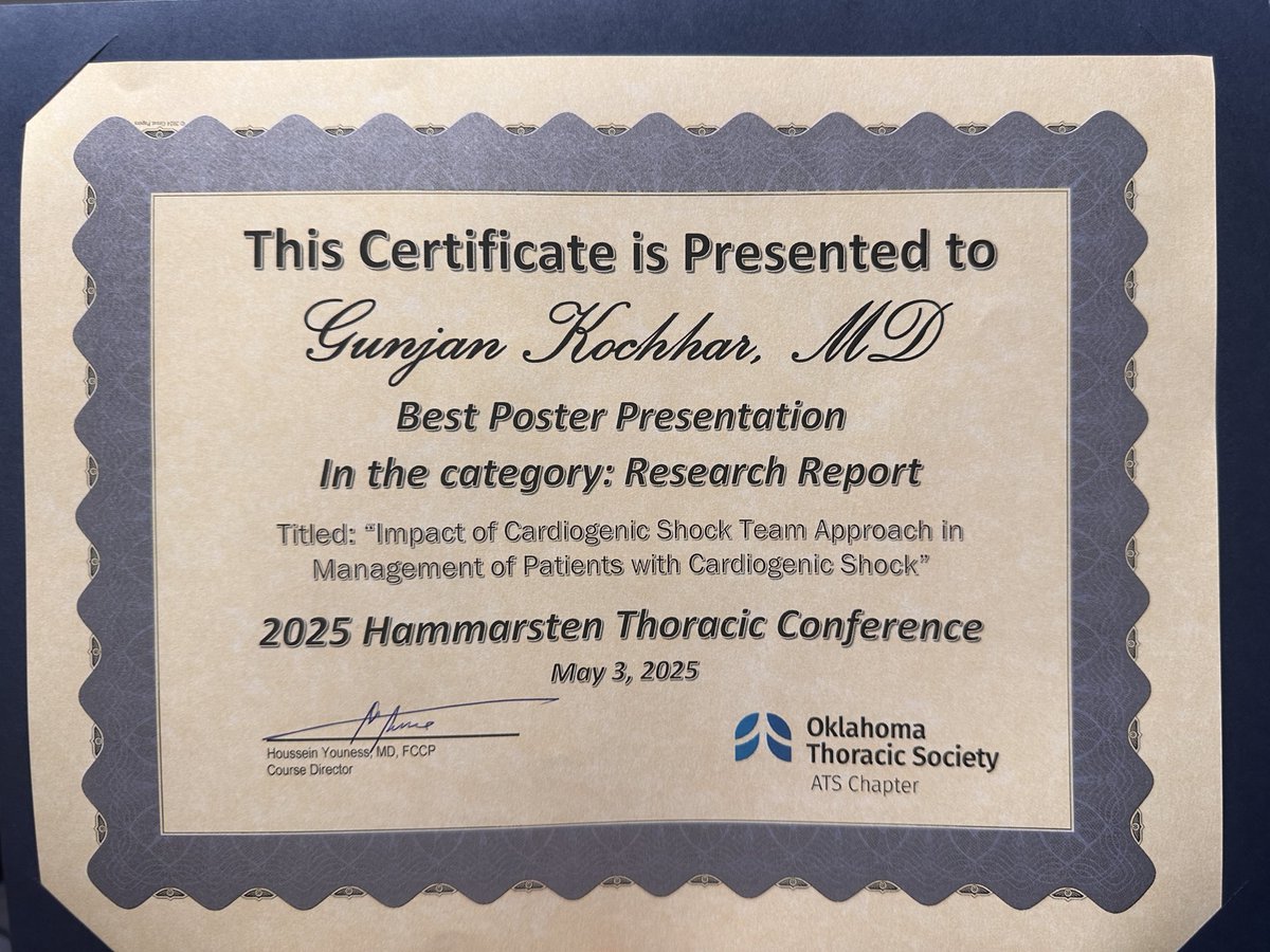Gunjan Kochhar (@kochhargunjan) on Twitter photo Honored to win the Best Poster Presentation at the 2025 Hammarsten Thoracic Conference for our work on cardiogenic shock! Grateful for <a href="/MohitpahujaMD/">Mohit Pahuja</a>โs invaluable mentorship and his insightful talk on evolving definitions of cardiogenic shock and the role of MCS.โจ<a href="/ResearchOU/">OU DOM Resident Research</a> Honored to win the Best Poster Presentation at the 2025 Hammarsten Thoracic Conference for our work on cardiogenic shock! Grateful for <a href="/MohitpahujaMD/">Mohit Pahuja</a>โs invaluable mentorship and his insightful talk on evolving definitions of cardiogenic shock and the role of MCS.โจ<a href="/ResearchOU/">OU DOM Resident Research</a>