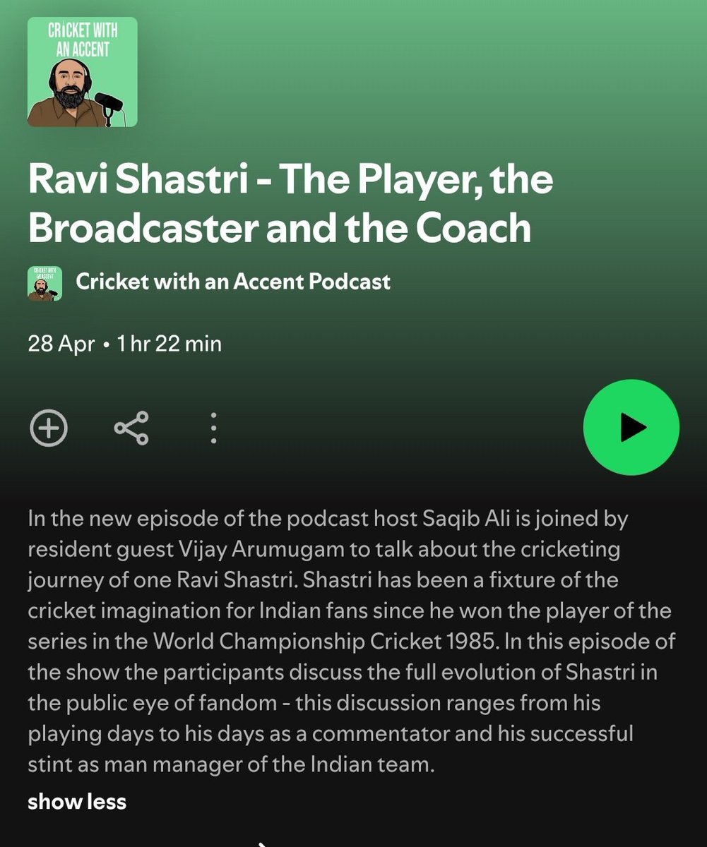 My Pod on Ravi Shastri with <a href="/saqiba/">Saqib</a> - the player, the commentator &amp; coach. The 1980s 'Hai, hai' chants, Amit Varma's criticism of Shastri, Sharda Ugra's lament on Shastri, Shastri's Western mindset &amp; ability to take criticism, etc.

#CricketTwitter

open.spotify.com/episode/5Por8C…