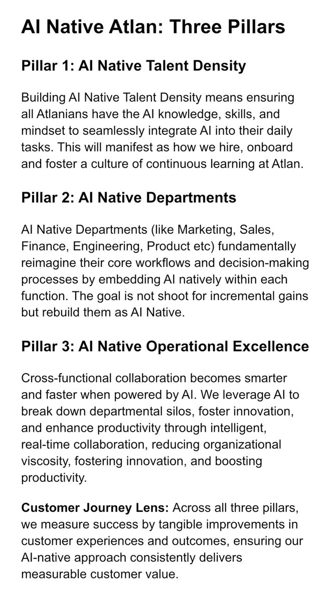 At <a href="/AtlanHQ/">Atlan</a>, we’ve started the shift to becoming AI-native—not just AI-first, but AI-native.

The framing that’s been useful for us to define what AI native means &gt;&gt; Instead of asking how to integrate AI into our work, we’re asking a different question: If AI had existed from the