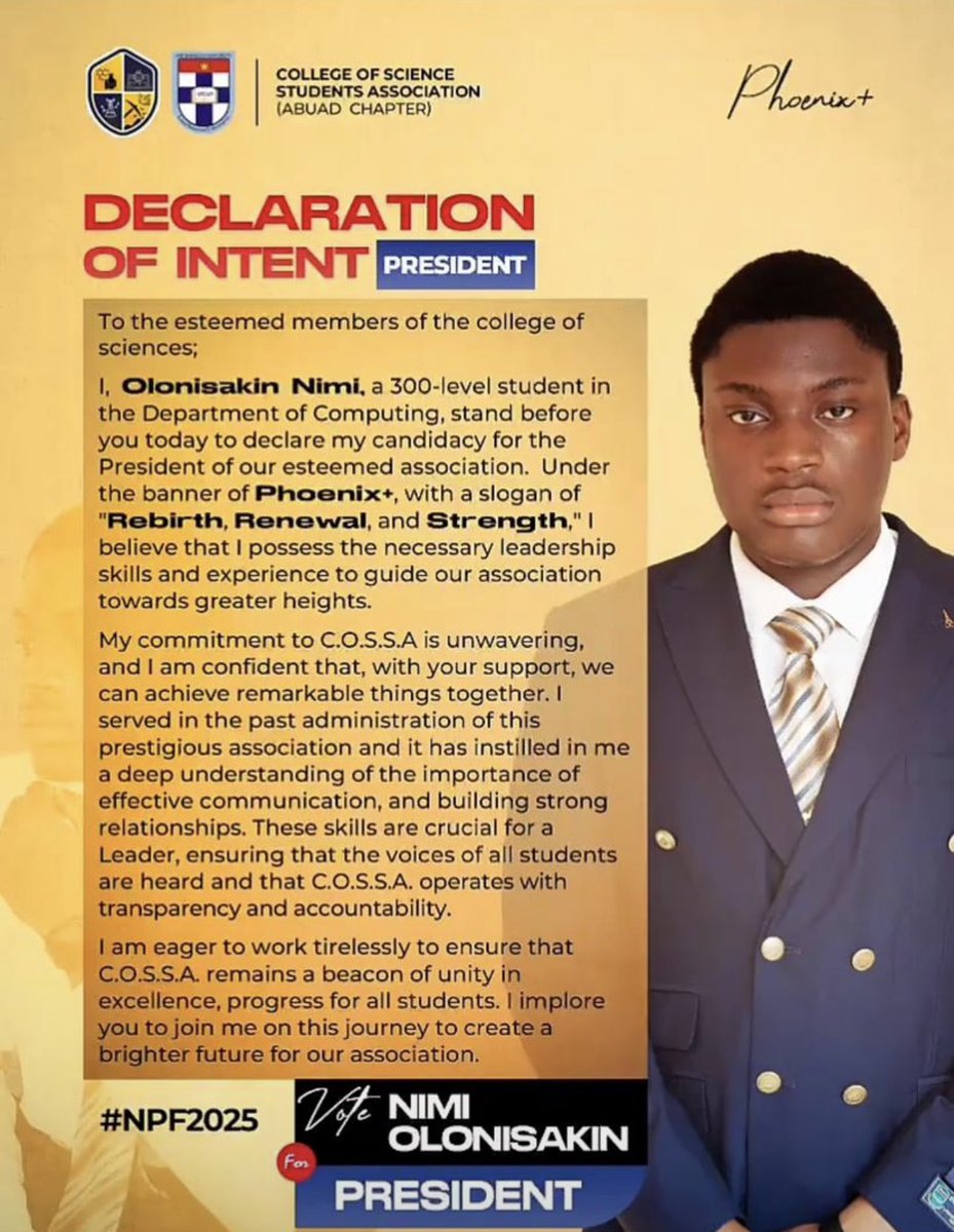 anonymousupdat's tweet image. COSSA Presidential Race

Candidate: Nimi Olonishakin
Chance of Winning: 99.8%

Running unopposed for now.