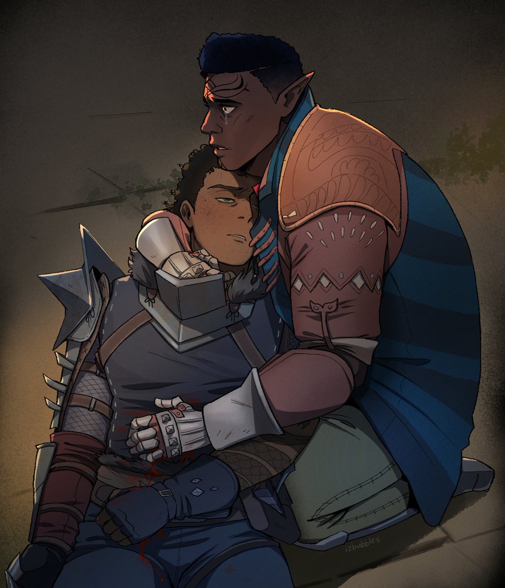 THANK YOU <a href="/izbubbles/">izzy 🫧</a> FOR TAKING MY COMMSION ITS BREATHTAKING.

Just a little future scene of Davrin and my Rook, Oscar, going through the horrors of my fanfic about them 🤭
