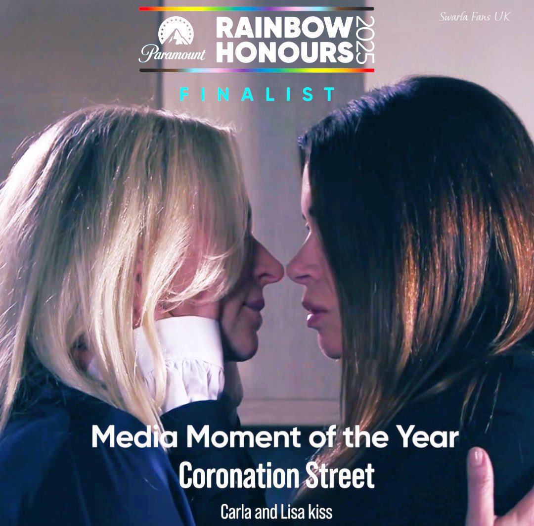Don’t forget to keep voting for Carla and Lisa’s kiss for Media Moment of the Year at the Rainbow Honours 2025. The deadline is this week! 

You can vote here 👇🏻
🗳️rainbowhonours.co.uk

Deadline: 9th May #swarla #corrie
