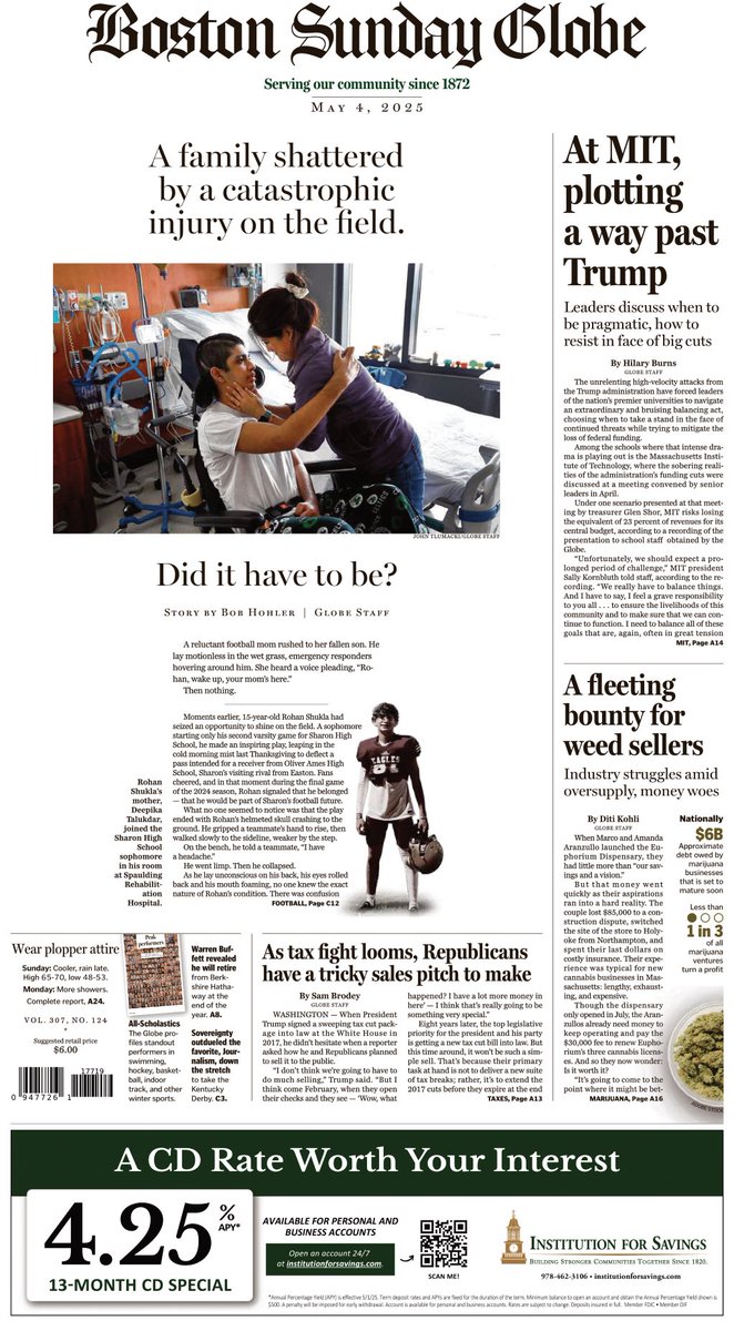 In today's paper: A Mass. football player’s catastrophic brain injury shattered his life — and perhaps could have been prevented, For the Massachusetts marijuana market, the money tree has dried up, and more. trib.al/0vYp2bE