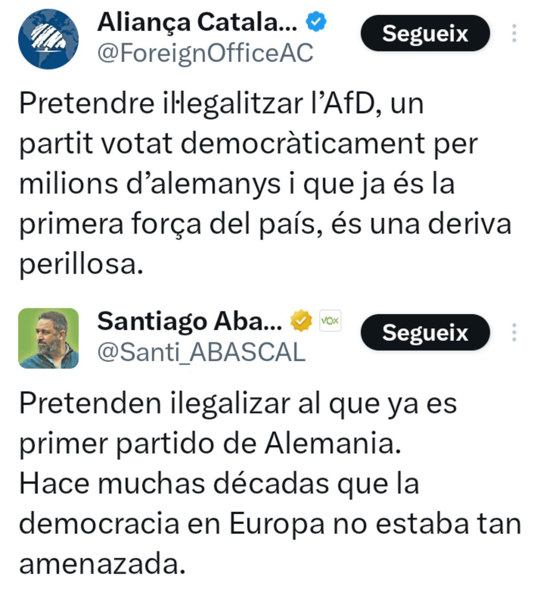 Nazis defensant nazis.
AC la còpia barata i catalaneta de VOX. 
L'any 1992 Algèria va il·legalitzar el Front Islàmic de Salvació per protegir la seva democràcia.
Qui vol destruir la democràcia, no es pot aprofitar d'ella. 
Ni catalans, ni espanyols, ni alemanys: fora nazis!