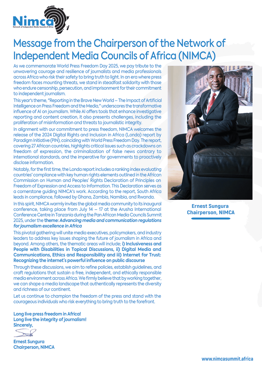 Message from the Chairperson of the Network of Independent Media Councils of Africa (NIMCA)