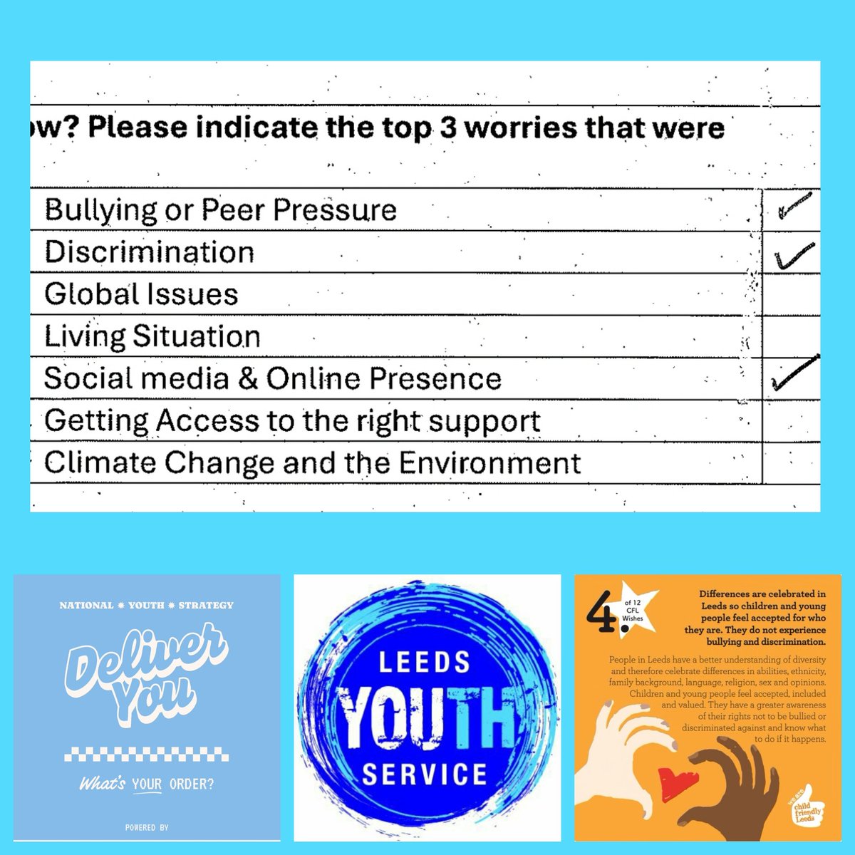 #Bullying &amp; #Discrimination has been highlighted as a common worry for #Youngpeople as part of our #NationalYouthStrategy workshops 

The team have delivered several sessions alighted to <a href="/Child_Leeds/">Child Friendly Leeds</a> #Wish4 to support #Youngpeople on these issues 

#Youthwork
#LeedsYouthService