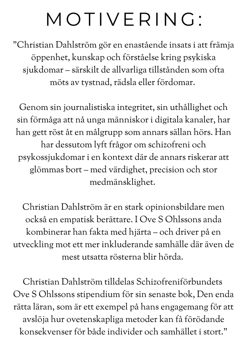 Igår kväll tilldelades jag ett väldigt fint pris för min bok ”Den enda rätta läran” – Ove S Ohlssons stipendium! Att få ett pris av Schizofreniförbundet är en särskilt stor ära då de företräder alla som lever med schizofreni, vilket även min mamma gjorde.