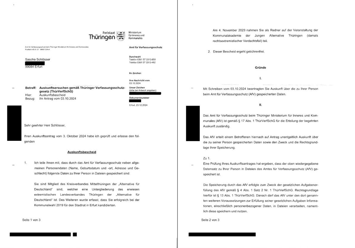 Meine Auskunft beim VS ergab übrigens , dass ich ein ganz Schlimmer bin, nämlich:
- Mitglied des KV AfD Mitttelthüringen,
- erfolgreich bei der Kommunalwahl 2019,
- Redner bei der JA am 04.11.2023 
(übrigens ein Vortrag zum Medienrecht).
Ich hoffe die Zivilgesellschaft kann mich