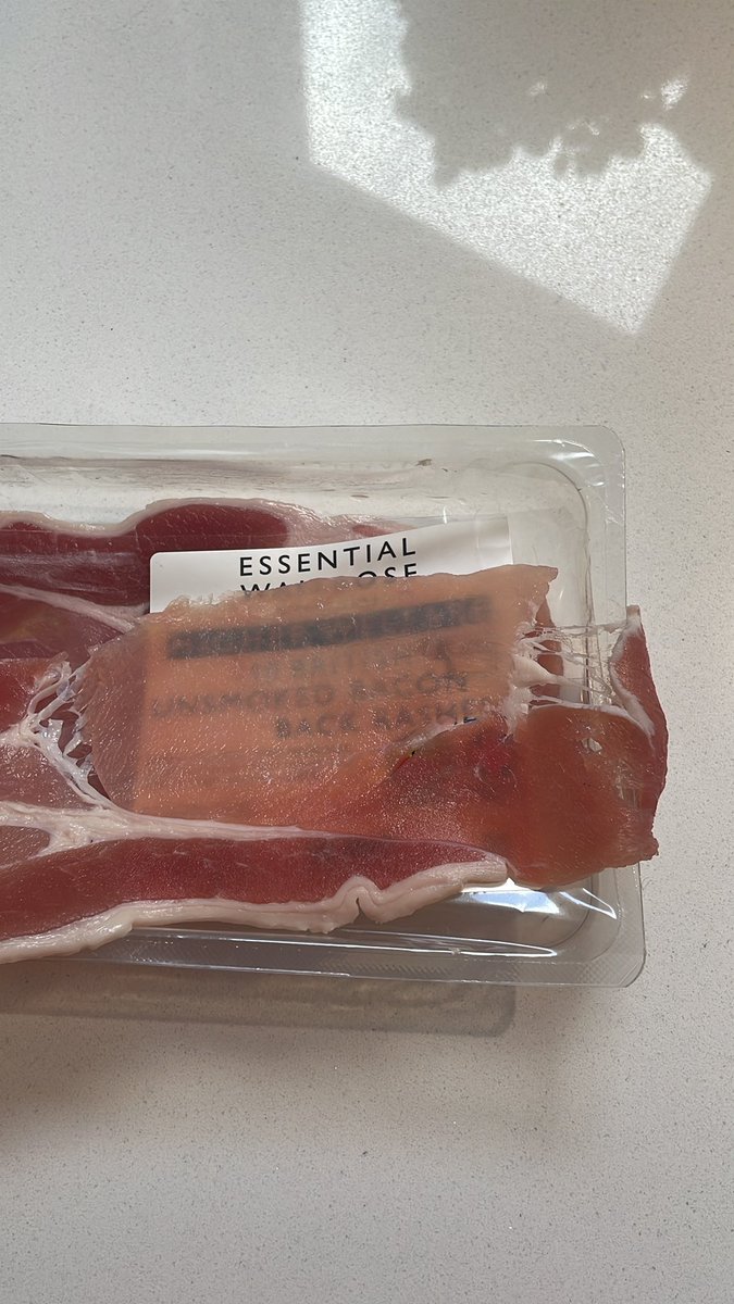 glosnow's tweet photo. @waitrose your essentials bacon is an absolute con! Shoppers; you think you get more rashers from Waitrose (10) than @sainsburys or @Morrisons but they are paper thin you can see through it! https://t.co/GDtZbGz1xe