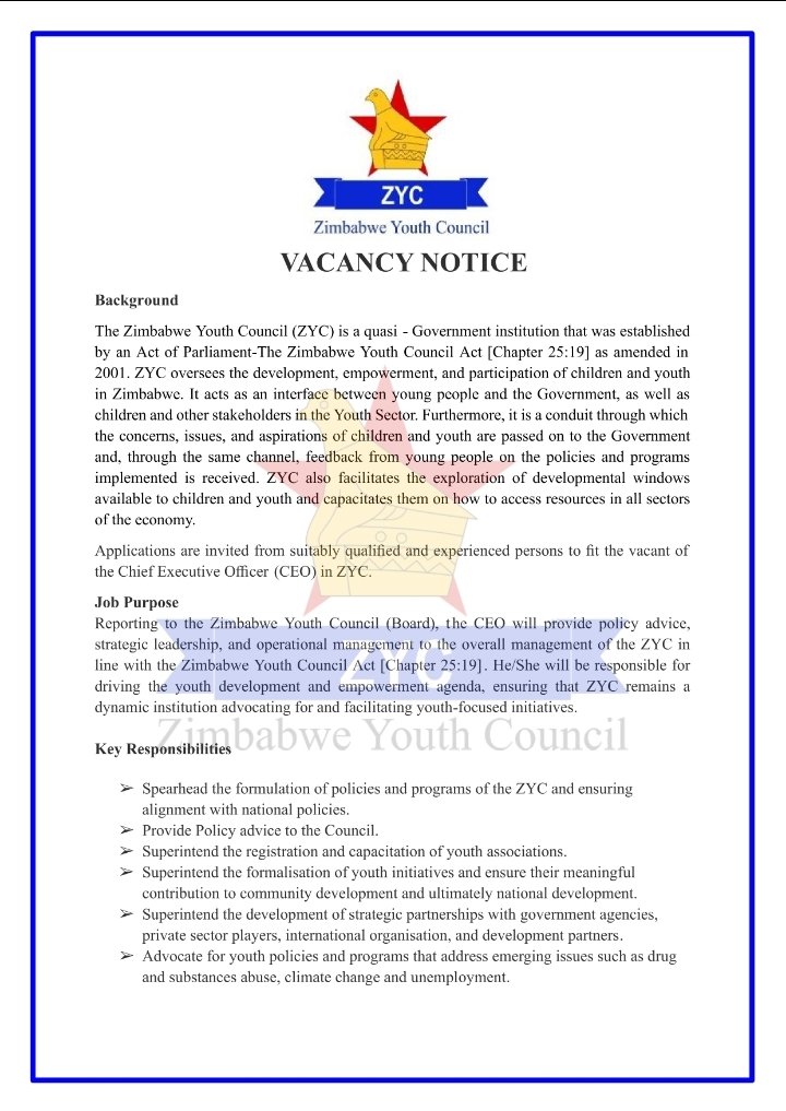 zimyouthcouncil's tweet photo. Vacancy Notice!!!
@myedvt https://t.co/QeX1tPK1DE