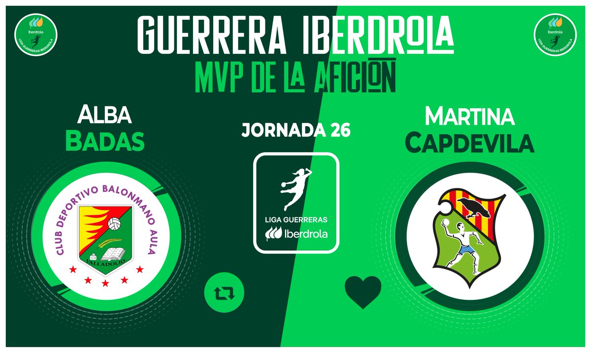 ⭐ ¡Vota ya para elegir a la #GuerreraIberdrola de la Jornada 2⃣6⃣ en la #LigaGuerrerasIberdrola!

🆚 <a href="/BmAulaCultural/">CD Balonmano Aula</a> 2⃣6⃣:3⃣4⃣ <a href="/BMGranollers/">BM Granollers</a> 

♻️ RT: Alba Badas
❤️ Me gusta: <a href="/Martinacb8/">Martina Capdevila Barbany</a> 

#⃣ #Balonmano