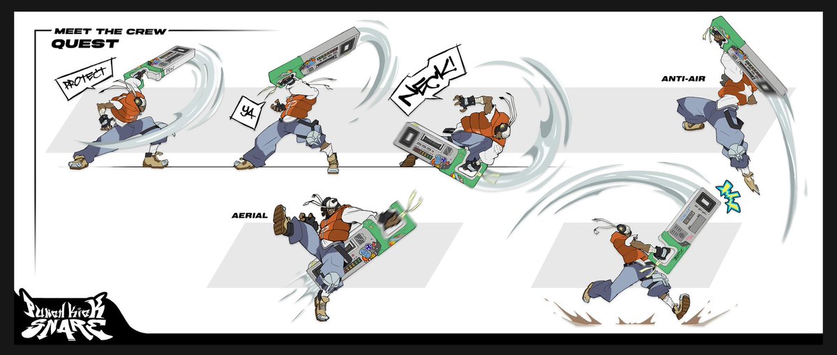MEET THE CREW - QUEST: The glue of the crew and the life of the party. Quest leads combat with his Kaboom-box and overzealous attitude!

the protag of my fighting game project, lots of fun references in these pages, have fun spotting them!