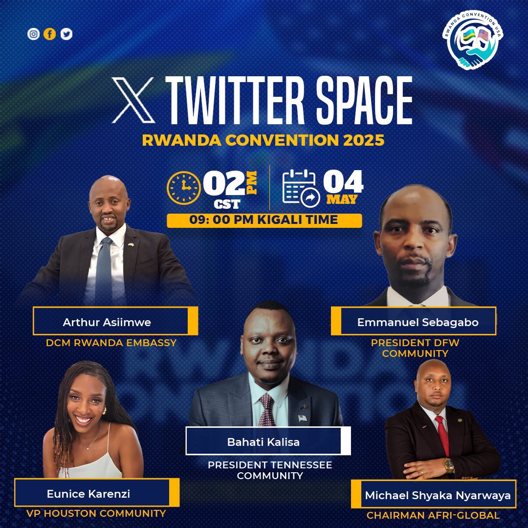 Let’s talk #RwandaConvention2025!

Join our Twitter Space today, Sunday, May 4 at 2PM CST / 9PM Kigali Time.

Invite a friend to invite a friend / come one come all . Please join the space on time .