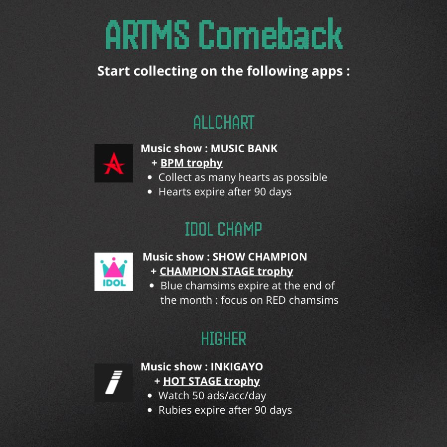 ARTMSvoting's tweet photo. [#ARTMS COMEBACK]

In preparation for ARTMS comeback we recommend you to start collecting on these apps :
- ALLCHART 
- IDOL CHAMP
- HIGHER 

Later this month we will also start to collect jellies on STAR PLANET. 

#아르테미스 #アルテミス https://t.co/7SC1t7U88o