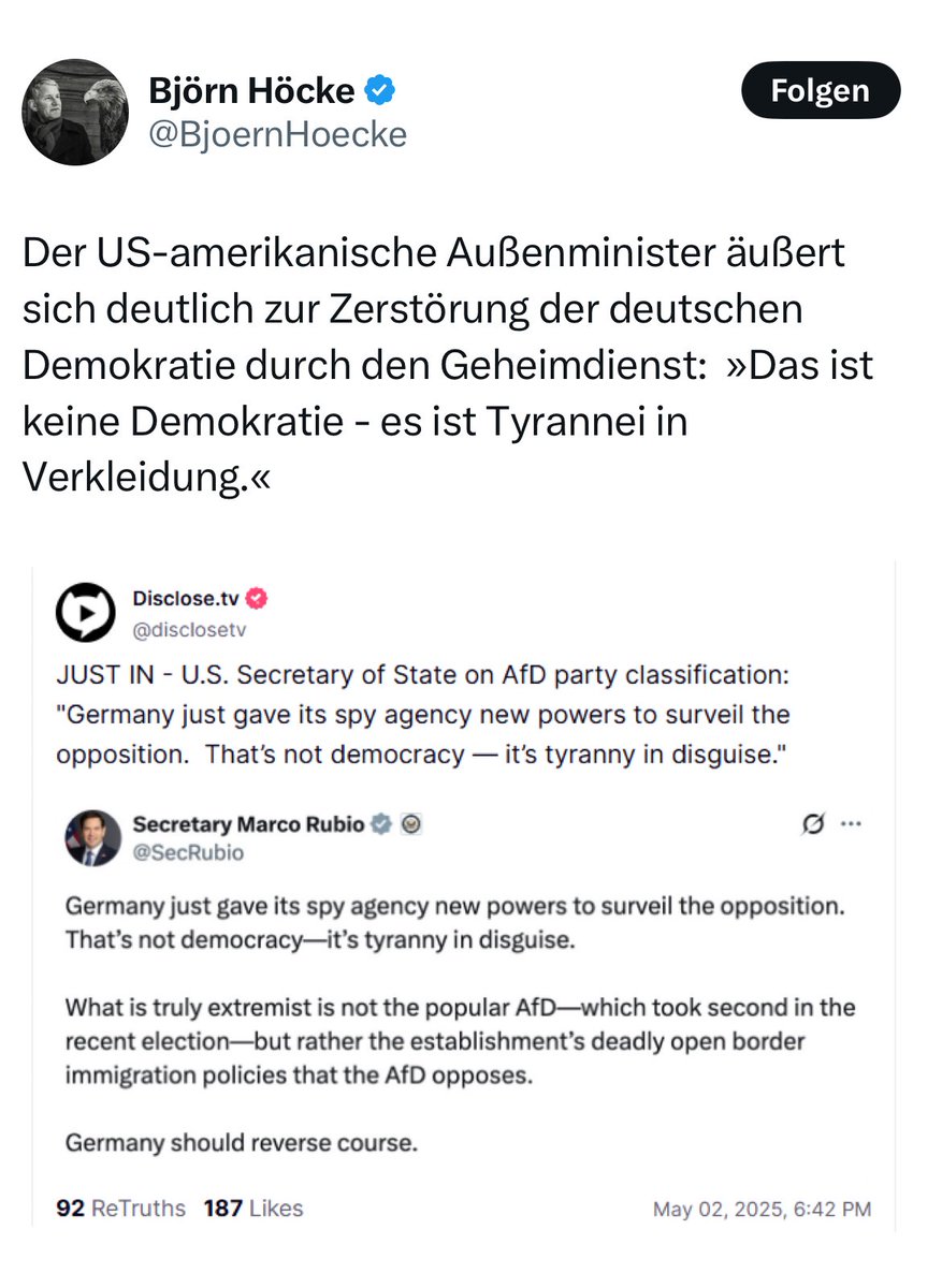 nicolediekmann's tweet image. Björn Höckes Original-Tweet: gelöscht. Womöglich, weil er entweder von selbst drauf gekommen ist oder aber drauf hingewiesen wurde, dass solche Äußerungen wenig helfen beim Versuch seiner AfD, sich juristisch gegen die Hochstufung zu wehren.