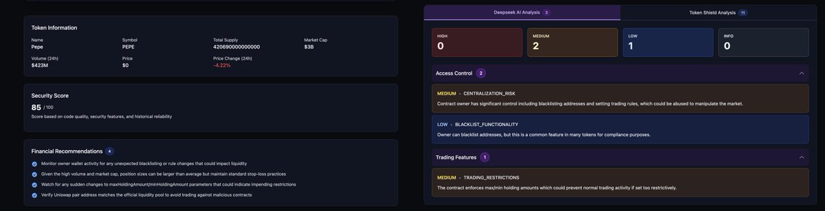 TokenShieldAi's tweet photo. Check out our Analysis of #PEPECOIN on https://t.co/8IJQZWIxGN 
We provide free token scanning for all to prevent scams.

Comment Below which token you would like to be scanned next and we will post the analysis to our page! https://t.co/x4v6jE4HcV