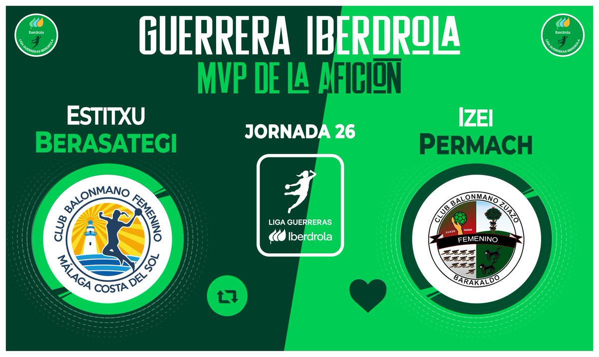 IberdrolaDHF's tweet photo. ⭐ ¡Vota ya para elegir a la #GuerreraIberdrola de la Jornada 2⃣6⃣ en la #LigaGuerrerasIberdrola!

🆚 @BMMalagaCosta 2⃣9⃣:2⃣0⃣ @CbmZuazo 

♻️ RT: Estitxu Berasategi
❤️ Me gusta: @iizeeii24 

#⃣ #Balonmano #SheLovesHandball https://t.co/UbcqmahTDS