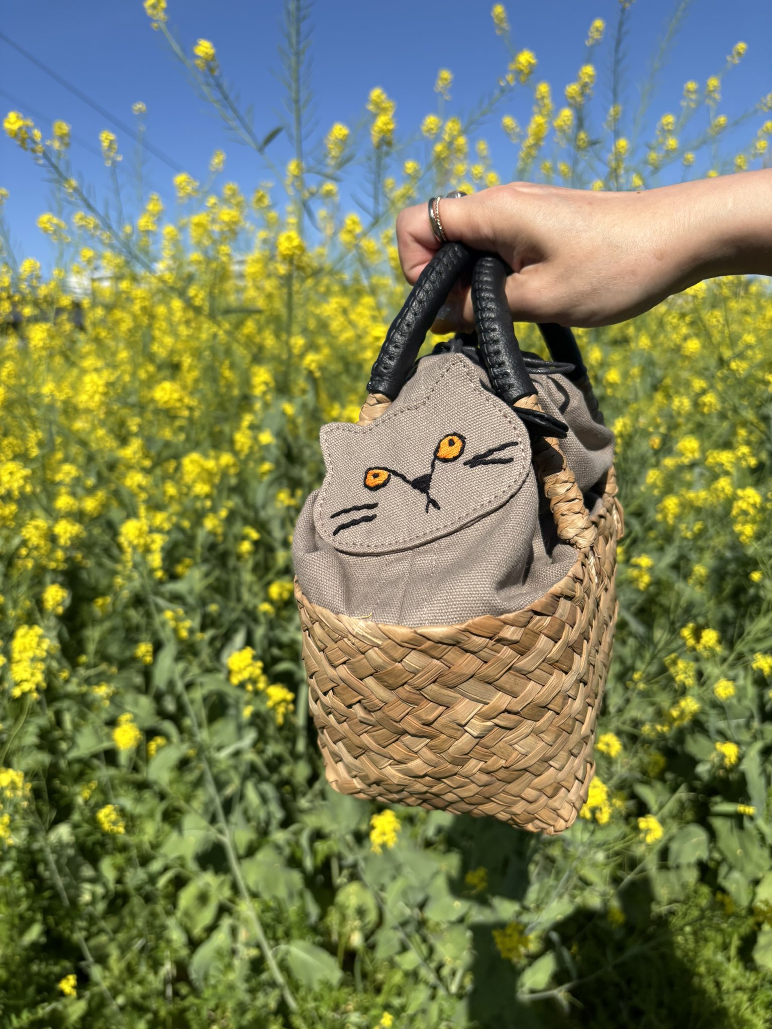 HAYNI 【Minetpanie ミネットパニエ】猫の顔刺繍籠バック グレー