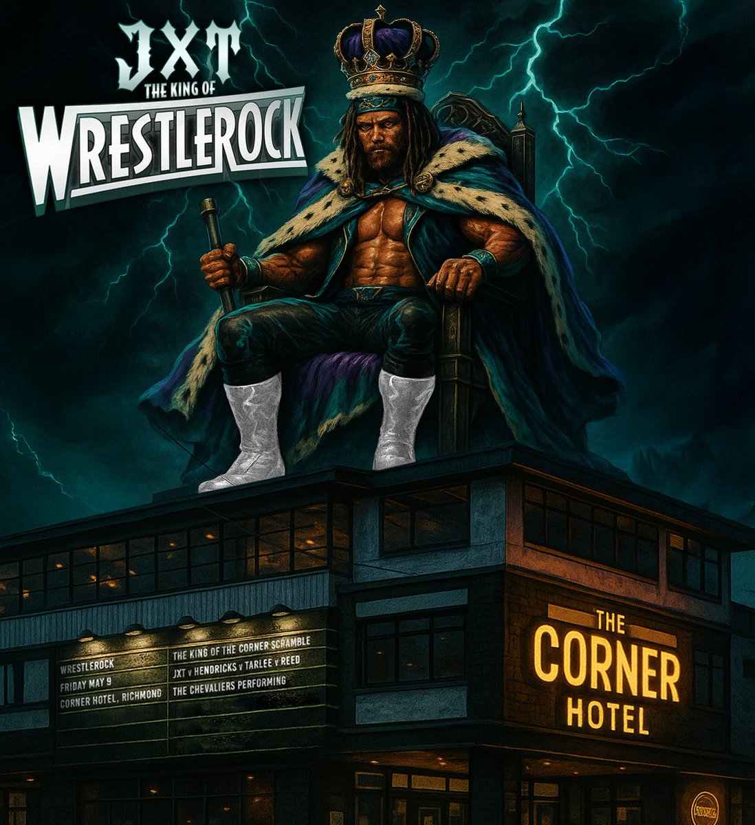 JXT ‘The JayStick’ (@jxt_official_) on Twitter photo This Friday at <a href="/WRESTLEROCK/">WRESTLEROCK</a>
We crown the King of the Corner Hotel, with the King of the Corner Scramble Match👑
Friday May 9th, with special guests THE CHEVALIERS performing live!
Be there to take part in the coronation!
Get your tickets now cornerhotel.com 🎟️ This Friday at <a href="/WRESTLEROCK/">WRESTLEROCK</a>
We crown the King of the Corner Hotel, with the King of the Corner Scramble Match👑
Friday May 9th, with special guests THE CHEVALIERS performing live!
Be there to take part in the coronation!
Get your tickets now cornerhotel.com 🎟️