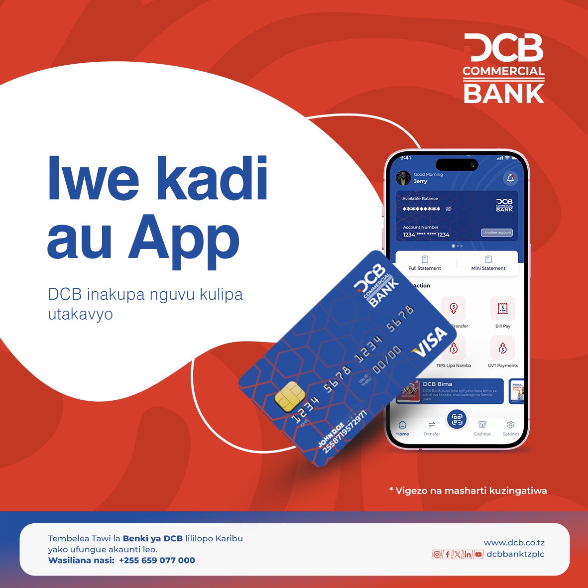 Mvua zisikukwamishe🌧 Chagua njia rahisi ya kufanya malipo iwe kwa kadi au kupitia App ya DCB PESA PLUS. Furahia urahisi, usalama, na uhuru wa kifedha popote ulipo. Furahia wikendi yako kwa amani.

#dcbbanktzplc
#weekendimebamba
#dcbpesaplus
#dcbvisacard