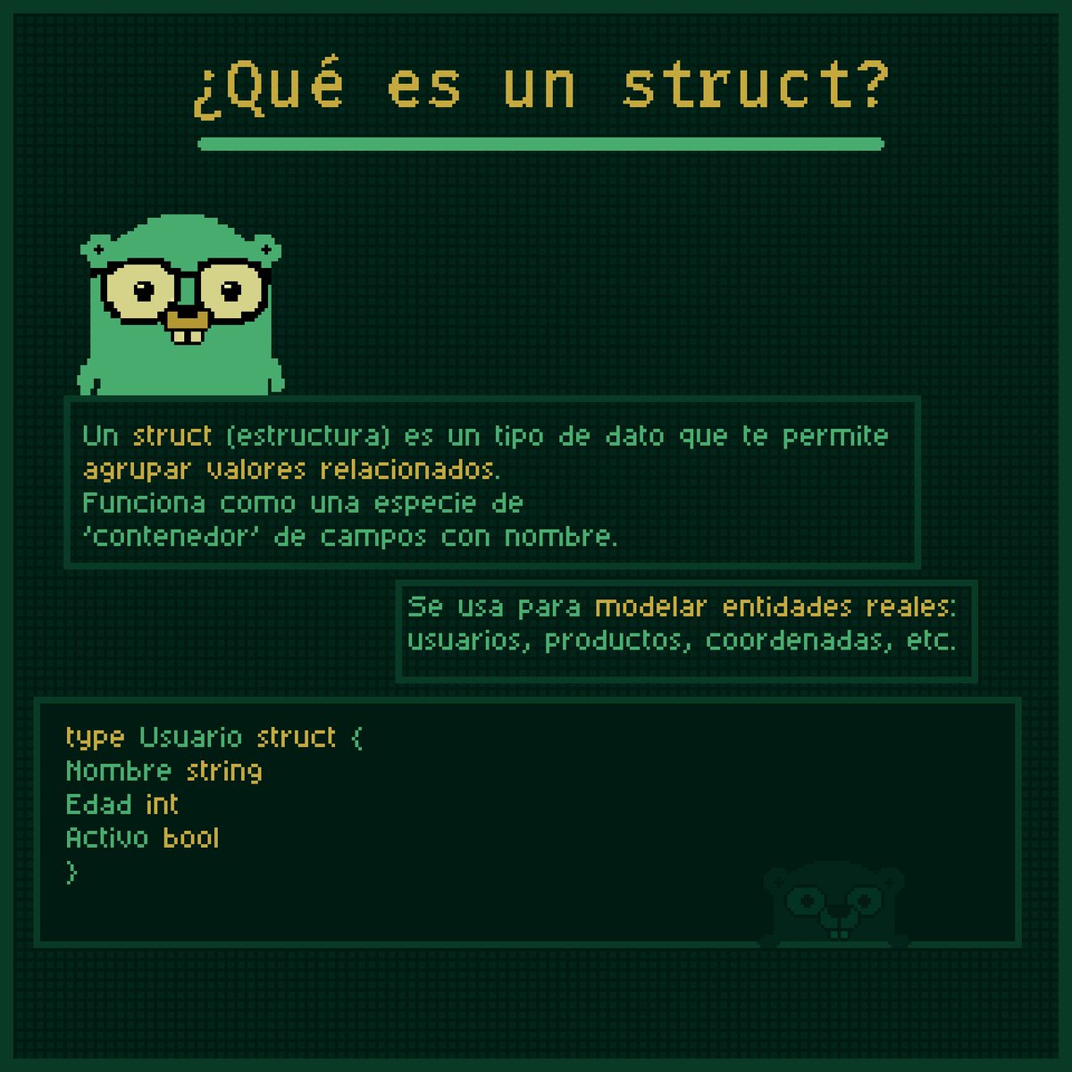 golangdev_'s tweet image. 🧱 ¿Qué es un struct en Go?
Los structs son la forma en que Go nos permite crear tipos de datos complejos agrupando valores relacionados. Son esenciales para modelar entidades reales de forma clara y poderosa.

#golang #gopher #goprogramming #backenddev #pixelart #devart #devlife