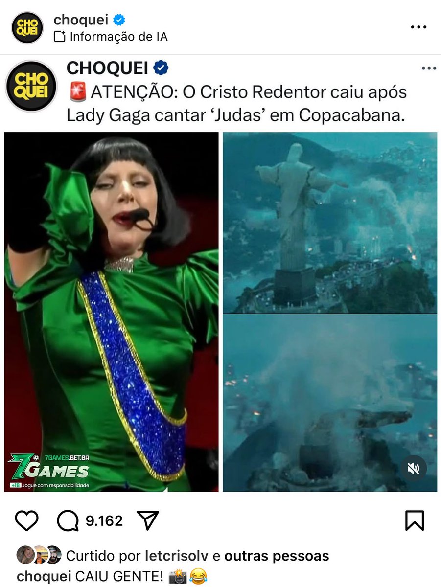 A página “Choquei” cospe na fé de milhões de brasileiros. Mostrar o Cristo Redentor sendo destruído em alusão à música “Judas” não é meme; parece mais satanismo disfarçado de “piada”.
