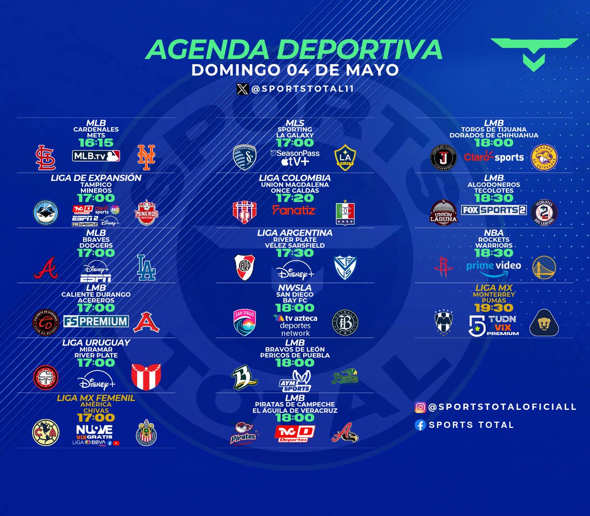 SportsTOTAL11's tweet photo. " ¿Listo para vibrar con la #Agendadominguera? Guarda esta publicación y comparte con tus amigos para que nadie se pierda la acción. #SportsTOTAL" https://t.co/1E2QOxm43z