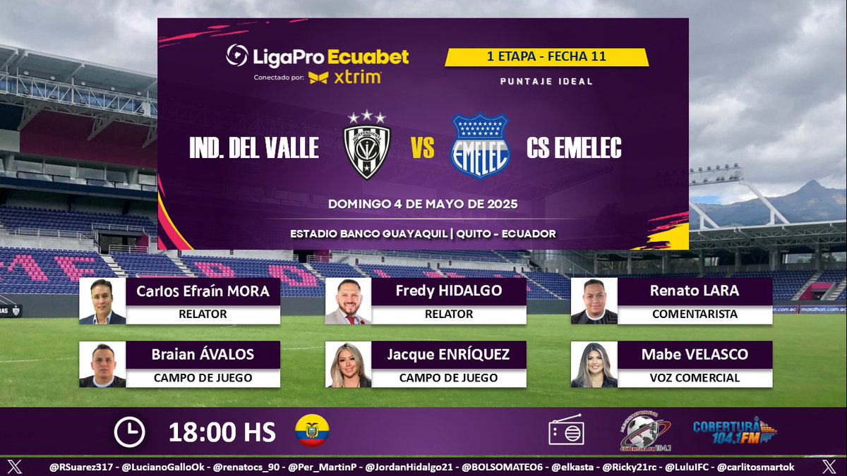 Puntaje Ideal EC (@puntajeidealec) on Twitter photo ⚽ #LigaPro 🇪🇨 | #IDV vs. #Emelec
🎙 Relatores: <a href="/CarlosEfrainM/">Carlos Efraín Mora M</a> - <a href="/FPHidalgo/">Fredy Patricio Hidalgo</a>
🎙 Comentarista: <a href="/RenatoLara6/">Renato Lara</a>
⛳️ Campo de juego: <a href="/Braian_AvalosG/">Braian Andrés Avalos</a> - <a href="/jacqueenriquez5/">Jacque Enríquez</a>
🎙 Voz Comercial: <a href="/mabe_velasco/">Mabe</a>
📻 <a href="/MundoDeporEC/">MUNDO DEPORTIVO EC 🇪🇨</a> en <a href="/CoberturaFM/">Cobertura FM 104.1 FM</a>
🤳 #MundoDeportivoEC
Dale RT 🔃 ⚽ #LigaPro 🇪🇨 | #IDV vs. #Emelec
🎙 Relatores: <a href="/CarlosEfrainM/">Carlos Efraín Mora M</a> - <a href="/FPHidalgo/">Fredy Patricio Hidalgo</a>
🎙 Comentarista: <a href="/RenatoLara6/">Renato Lara</a>
⛳️ Campo de juego: <a href="/Braian_AvalosG/">Braian Andrés Avalos</a> - <a href="/jacqueenriquez5/">Jacque Enríquez</a>
🎙 Voz Comercial: <a href="/mabe_velasco/">Mabe</a>
📻 <a href="/MundoDeporEC/">MUNDO DEPORTIVO EC 🇪🇨</a> en <a href="/CoberturaFM/">Cobertura FM 104.1 FM</a>
🤳 #MundoDeportivoEC
Dale RT 🔃